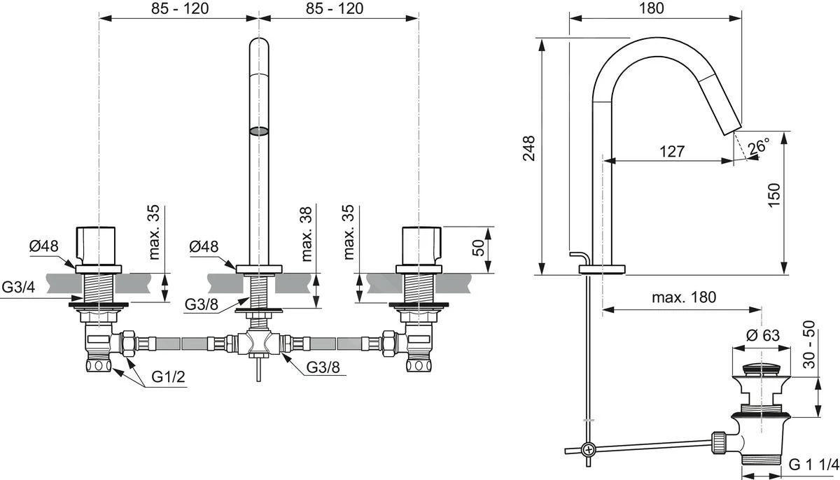 Ideal Standard Joy - Wastafelkraan, 3-gats, Met Waste, Chroom BC783AA 4 Ideal Standard Joy - Wastafelkraan, 3-gats, Met Waste, Chroom BC783AA - Afbeelding 2